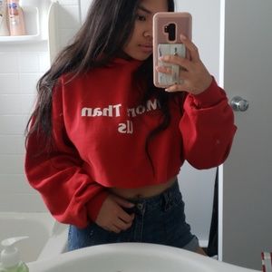 Red "More Than Us" Crop Hoodie